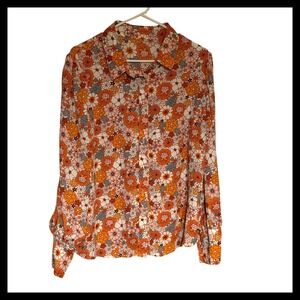 NWOT Retro Floral Print Long Sleeve Collared Button Up Shirt Top Women's XL
